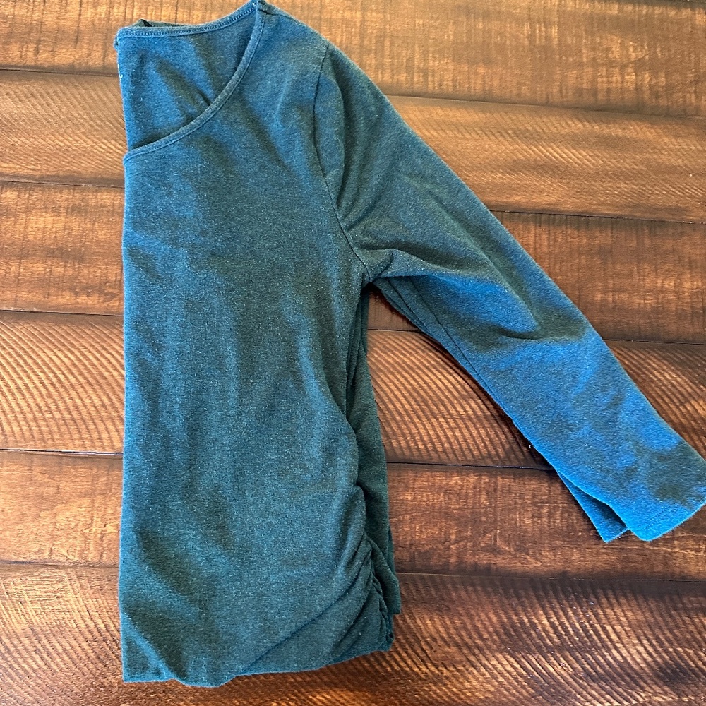 Isabel size medium teal fitted maternity dress with side rouching, long sleeve